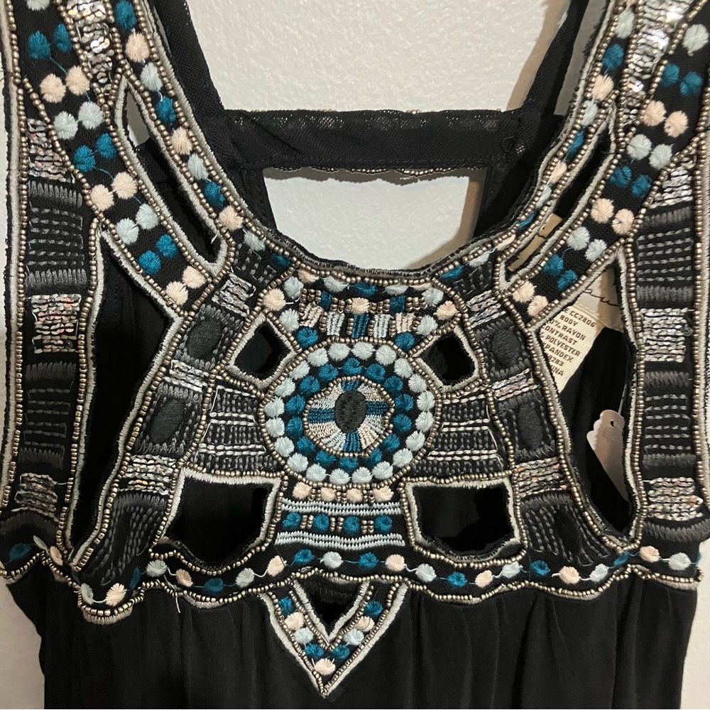 New Slit Side Tribal Black Embellished Sleeveless Top with Turquoise and White